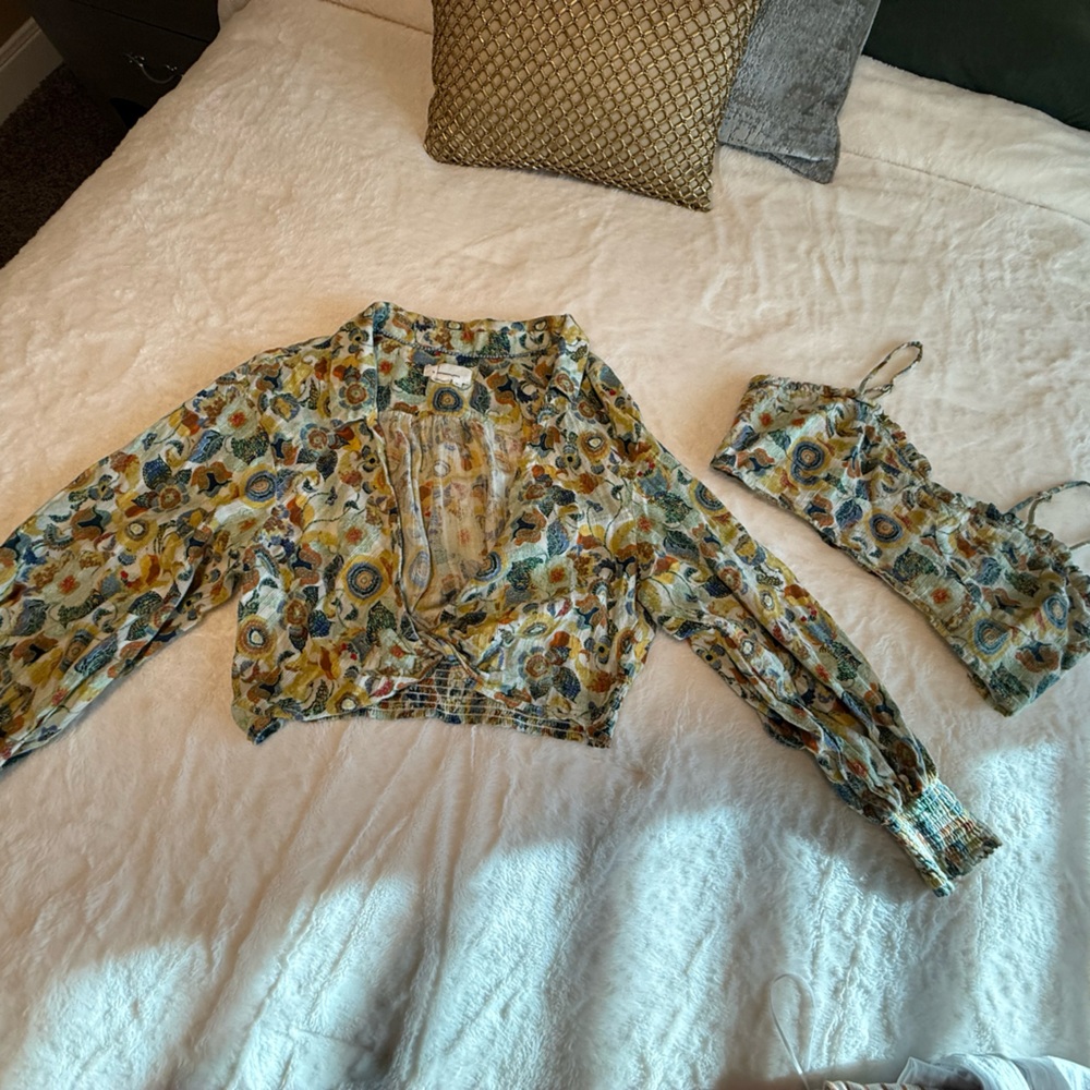 Floral Long Sleeve Crop Top and Bandeau